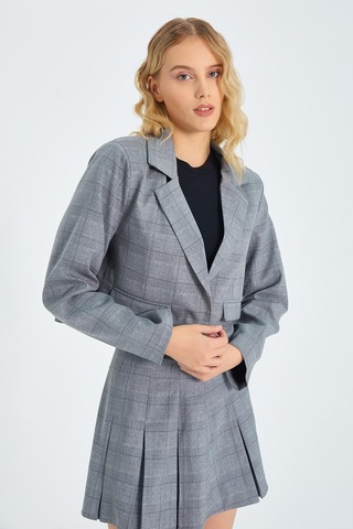 4581 Kadın Ekoseli Crop Ceket Gri Gri
