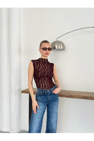 Verymoda Sıfır Kol Dantel Bluz D2750 Bordo