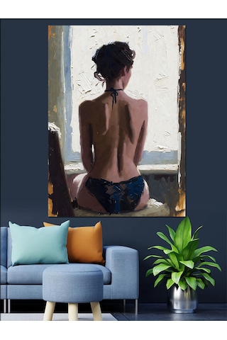 Sırtı Dönük İç Çamaşırlı Seksi Kadın Yağlı Boya Çalışması Dekoratif Kanvas - Mdf Ahşap Tablo
