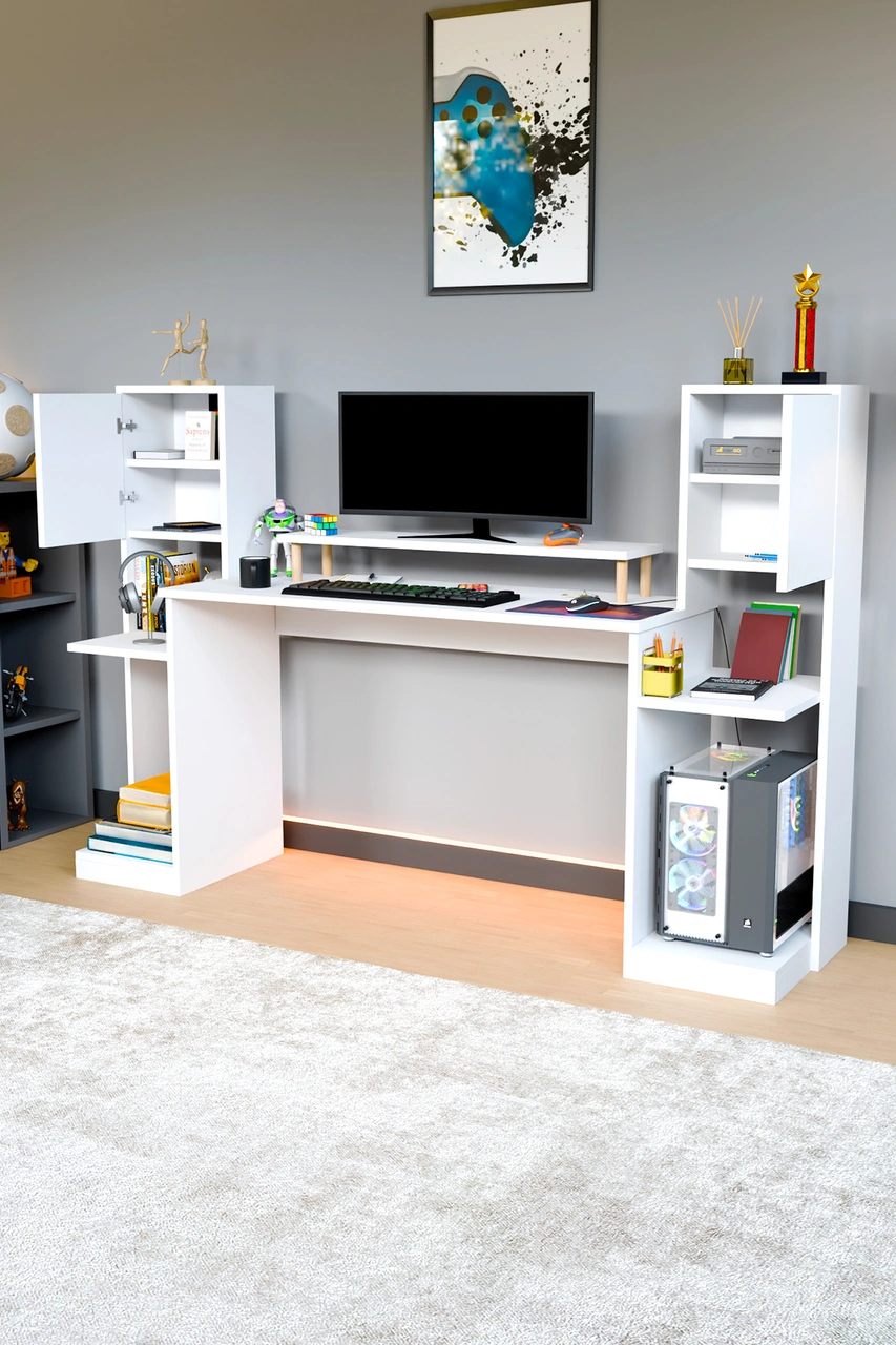 Throne Dolaplı, Kitaplıklı, Raflı Çalışma Masası, Bilgisayar Masası, Çocuk Çalışma Masası Beyaz Beyaz