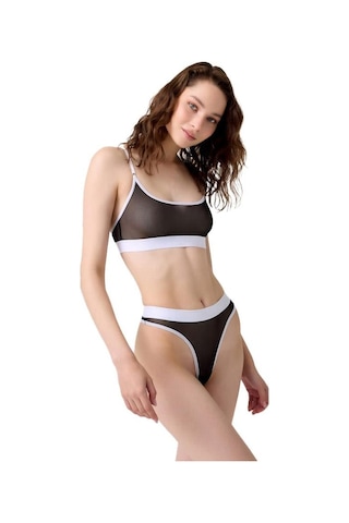 Siyah Beyaz Lastik Detaylı Transparan Tüllü Ayarlanabilir Askılı Kadın Sütyen Takımı Siyah - Beyaz