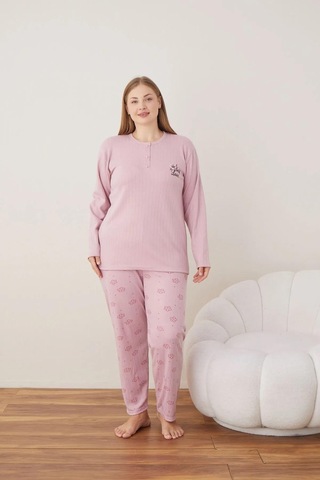 Boyraz Lindros Kadın Pamuklu Düğme Yaka Raporlu İnterlok Battal Pijama Takımı 05111 - 1 Adet Gülkurusu