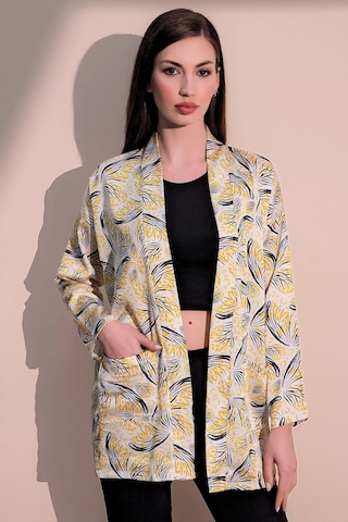 WeShaya Kadın Sarı Safari Desen Yeni Moda Saten Çift Cepli Salaş Kimono Ceket - Tesettüre Uygun Sarı