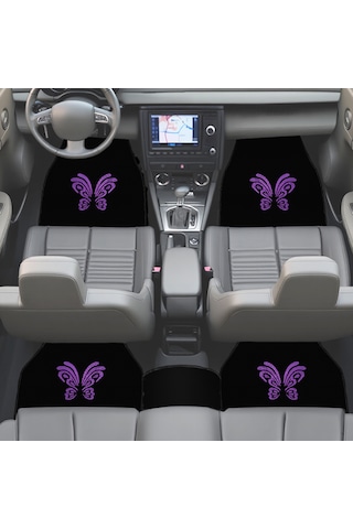 Kelebek Desenli Mor Nakışlı 5 Parça Siyah Oto Halı Paspas Seti Kadın Sürücülere Özel Şık Tasarım