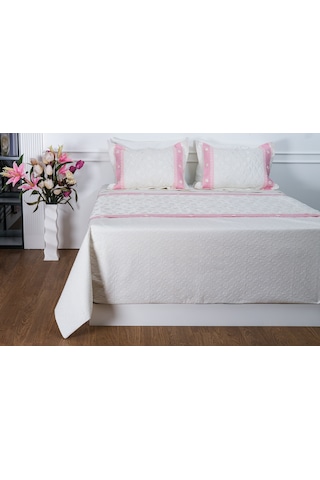 Finezza Gülfem Pamuk Baskılı  Krem Pembe Yatak Örtüsü Seti Çift Kş. 6 Parça