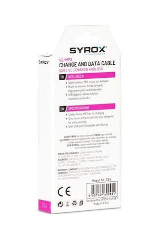 Syrox 1.0A Eco V3/Mp3 Şarj Ve Data Kablosu C84 (380210884)