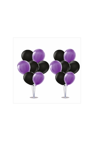 2 Adet Ayaklı Balon Standı 7li Set, 14 Adet Mor, Siyah Balon Çok Renkli