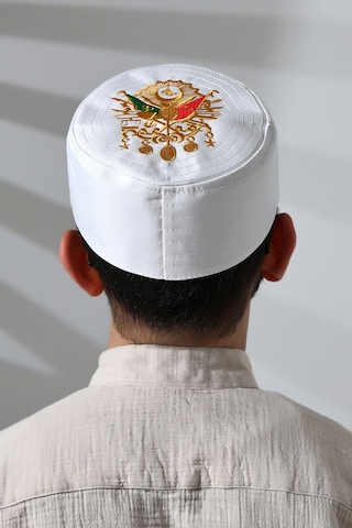 Osmanlı Arma Desenli Kalıp Kumaş Takke Beyaz