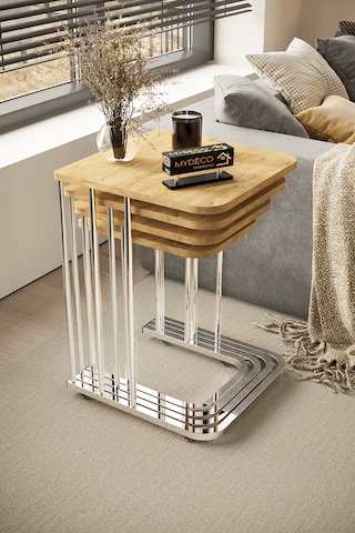 4'lü Tekerlekli Zigon Sehpa Gümüş Ayak Atlantik Çam 18mm Tabla