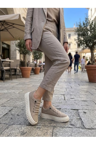 Gamelu Vıgor Kadın Lastikli Memory Foam Kalın Taban Keten Sneaker Ayakkabı Bej