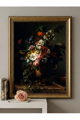 Gold Vintage Varaklı 60x80 Çerçeveli Tablo Klasik Dark Floral Sanat Eseri Hollanda Altın Çağı Çiçek Buketi Yağlı Boya Görünümlü 50x70cm Dokulu Baskı Dekoratif Lüks Salon Tablosu