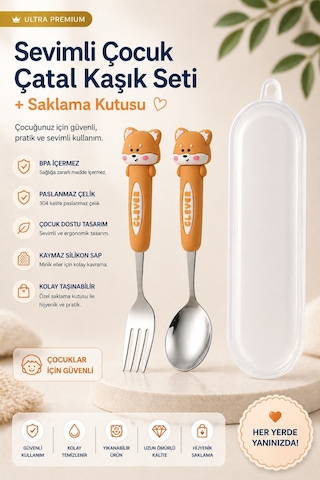 Kahverengi Tavşan Figürlü Premium Çocuk Bpa Free Paslanmaz Çelik Uçlu Çatal-kaşık Set 24+ Ay