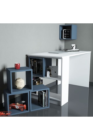 Variant Box Kitaplık Ve Çalışma Masası Takımı - Beyaz / Mavi Beyaz
