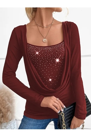 Hazego Kadın Uzun Kollu Derin Degaje Yakalı Taşlı Sandy Bluz Bordo