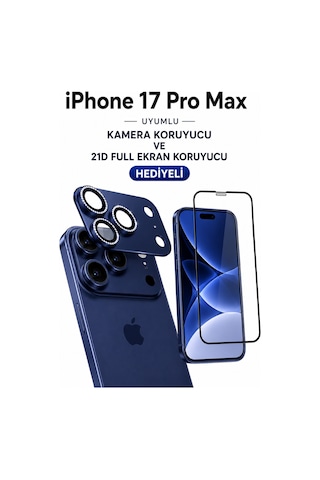 iPhone Uyumlu 17 Pro Max Taşli Kamera Koruyucu+ Ekran Koruyucu Set Mavi