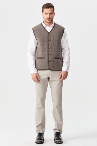 Erkek V Yaka Keçe Aksesuarlı Pike Dokuma Yün Yelek Vizon Vizon