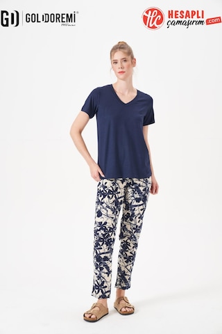 Gd Goldoremi 29160 Premium Kadın V Yaka Yazlık Rahat Kesim Kısa Kollu Pijama Takım Lacivert