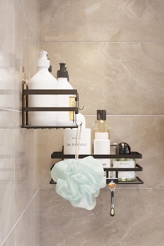 Suntel Yapışkanlı Ve Kancalı 2 Adet Banyo Rafı, Yapışkanlı Banyo Düzenleyici, Vidalama Yok Siyah