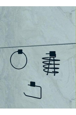 Siyah Yapışkanlı Tuvalet Kağıtlık Halka Havluluk Askısı Ve Fön Makinesi Askısı Seti Banyo Seti Siyah