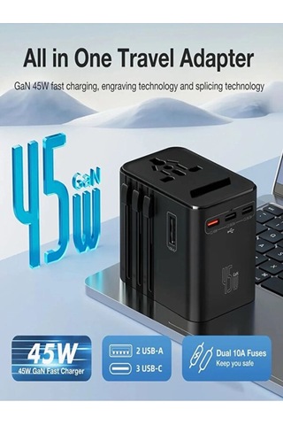 Evrensel Seyahat Şarj Adaptörü Fiş Priz Dönüştürücü Priz 45w /2xu