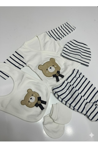 Balbeybi Yenidoğan Ayıcıklı 5 Parça Bebek Hastane Çıkış Seti %100 Pamuk Unisex Kutulu Set Bay-yndg-5l-2025a Beyaz