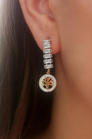 Altın Kaplama Hayat Ağacı Detaylı Zirkon Taşlı Çelik Küpe - Standart Altın