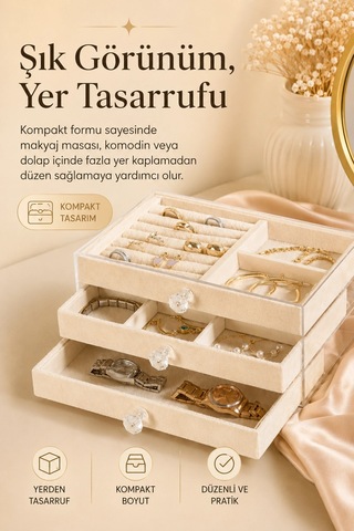 Şeffaf Kapaklı Kadife Takı Kutusu Çekmeceli Yüzük Kolye Saat Organizeri
