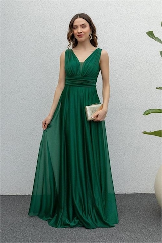 Neşeli Butik Kadın Zümrüt Drapeli Tül Abiye Elbise Nb2030 Yeşil