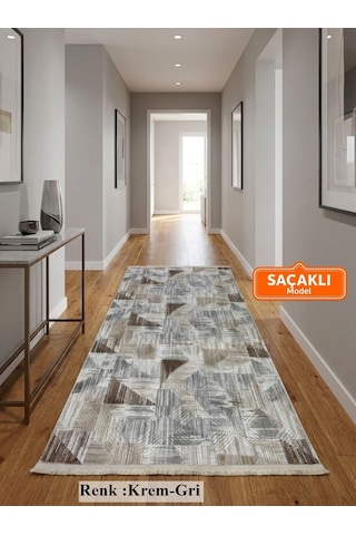 Gri Krem Kahve Kaymaz Taban Yıkanabilir Kesme Yolluk Halı Modern Desen