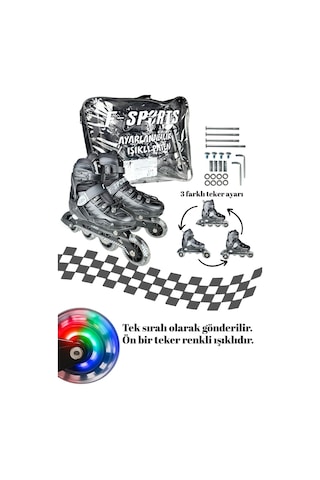 Black Seri Tek Teker Işıklı Paten Koruma Seti 2+2 Çocuk Pateni Taşıma Çantalı 3 İn 1 Siyah