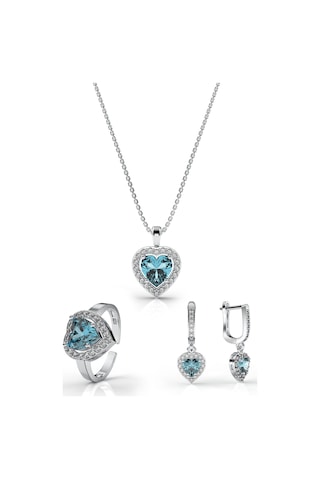 925 Ayar Akuamarin Taşlı Rodyum Pırlanta Işıltılı Kalp 3'lü Gümüş Set-takım Ayarlanabilir Rs10054 Gümüş