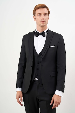 Morven Erkek Siyah Poliviskon Ceromonia Jakar Desen Slim Fit Sivri Çıkma Yaka Damatlık 24mc055018001 Siyah