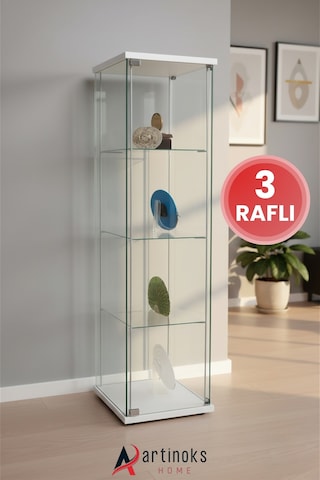 3 Raflı Sade Cam Vitrin Dolap Gümüşlük Koleksiyon Sergi Kitaplık Kapaklı Büfe Mutfak Raflı Vitrin Detolf Beyaz