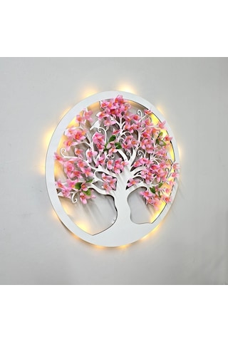 Led Işıklı Ve Pembe Sakura Hayat Ağacı Tablo 40cm - Beyaz