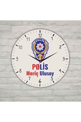 Kişiye Özel Polis Logolu Metal Duvar Saati - Emniyet Teşkilatına Özel Hediye beyaz