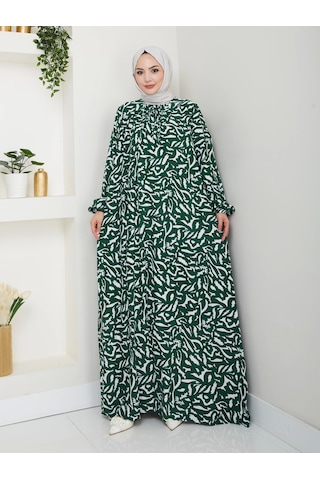 Desenli Önü Büzgülü Viskon Elbise - Yeşil / E0131 Yeşil