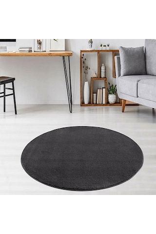 Antrasit Fluffy Yuvarlak Post Peluş Halı Kaymaz Taban