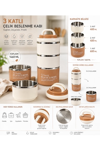 Muzeko 3 Katlı Paslanmaz Çelik Yemek Kabı Sızdırmaz Kapaklı Sefer Tası Taşınabilir Diyet Beslenme Kabı Kahve Krem Hy11502c3 1450ml Kahverengi - Krem