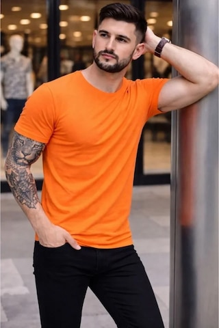 Butik İstanbul Erkek T-shirt Bisiklet Yaka Slim Fit Dar Kesim Likralı Tişört Günlük Basic Body - Turuncu