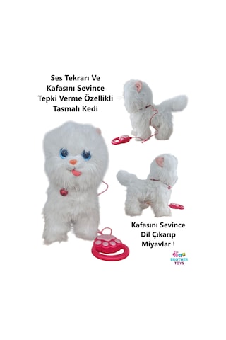 Ses Tekrarlayan Kafasını Sevince Tepki Veren Yürüyen Havlayan Tasmalı Kuyruğunu Sallayan Oyuncak Kedi Köpek 25 Cm. Beyaz Kedi