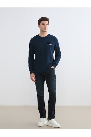 Lcwaıkıkı Classic Lacivert Bisiklet Yaka Baskılı Erkek Sweatshirt