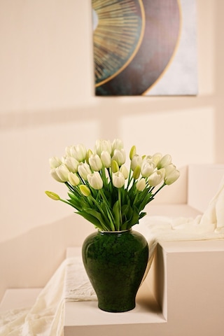 Beyaz Yapay Tulipa Lale Çiçeği Buketi 5 Dallı Premium Canlı Islak Dokulu 43 Cm