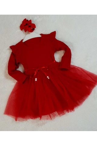 Kız Çocuk Kırmızı Pamuklu Tül Uzun Kol Özel Gün Doğum Günü Abiye Günlük Prenses Elbise Kırmızı
