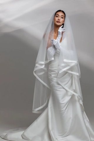 Ezni Atelier Saten Bitişli Tül Zarif Gelin Duvağı 75 + 200 Cm Beyaz Beyaz
