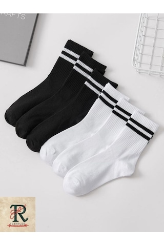 Trampler Unisex 6'Lı Çemberli Kolej Çizgili Çorap Siyah Beyaz Siyah - Beyaz