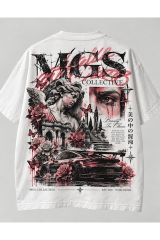 The Mgs Collective Beauty İn Chaos Oversize Baskılı Unisex Beyaz T-shirt