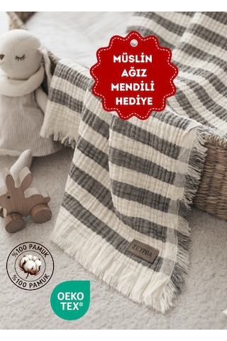 Bebek & Çocuk İçin % 100 Pamuk 4 Katlı Müslin Örtü Antrasit Çizgili 110x110 CM