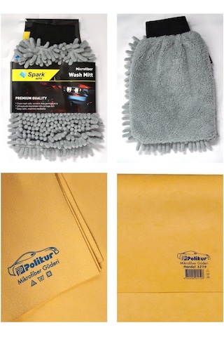 Spark 7050 Şönil Oto Temizlik Eldiveni & Polikur 3219 Mikrofiber Güderi Oto Kurulama Bezi 2'li Set