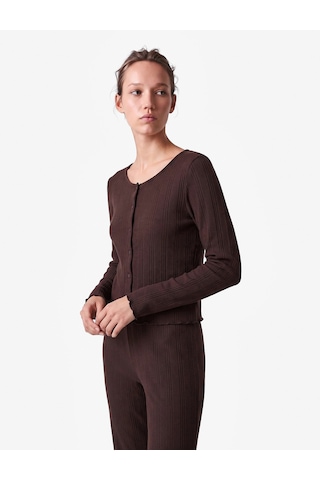 Koton Bisiklet Yaka Düğmeli Dokulu Uzun Kollu Triko Pijama Üstü Kahverengi 7wlk40110mk Kahve