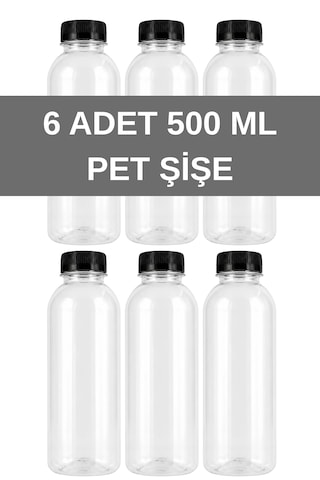 6 Adet Yuvarlak Plastik Şişe 500ml Siyah Kapaklı Şeffaf